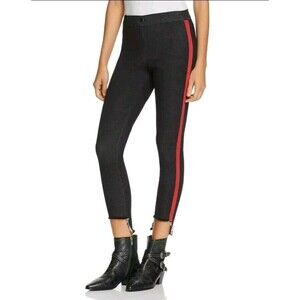 NWT Zeza B Women's Jeans Black/Red Track Style Pants Size L Raw Hem